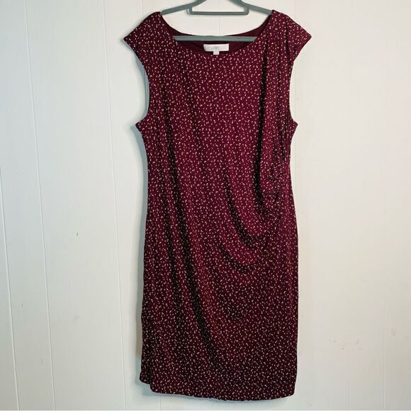 LOFT Maroon Burgundy Floral Gathered Midi Dress - Picture 1 of 5